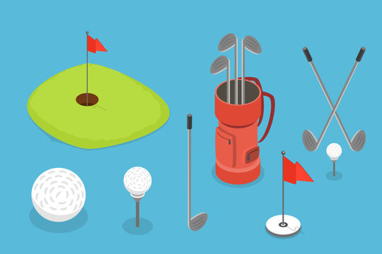 3D Isometric Flat Vector Set of Golf Equipment, Set Sport Items