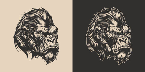 Set of vintage retro angry monkeys. Can be used for logo, emblem, poster, dadge design. Monochrome Graphic Art. Engraving style vector © Graphic Warrior