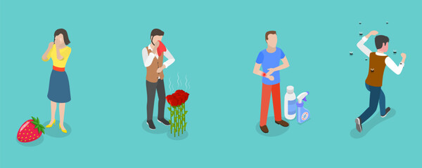 3D Isometric Flat Vector Conceptual Illustration of Allergic Reaction, Causes of Allergy
