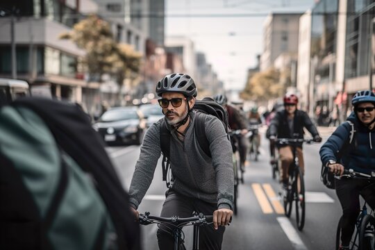 Eco-Friendly Urban Commute: Diverse Cyclists Embrace Sustainable Transportation in Bustling City Bike Lane.
Generative AI