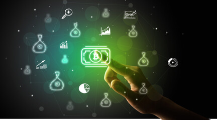Businessman finger touching on screen multimedia interface with hand drawn currency icons