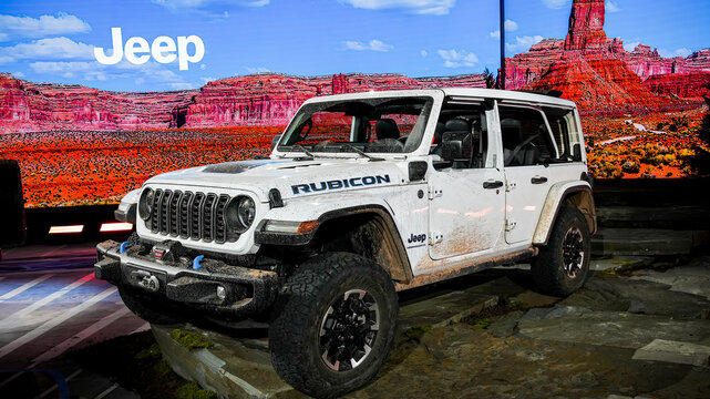NEW YORK, NY, USA - APRIL 5, 2023: 2024 Jeep Wrangler Rubicon showing at New York International Auto Show Press Day