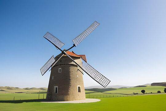 Ancient windmill in Campo de Criptana with moving blades, Spain, defined in Cervantes' Don Quixote "The Giants"