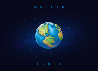 Vector illustrated western hemisphere of the planet Earth on starry sky in a detailed cartoon style with visible mountain ranges, rivers, glaciers, rainforests, oceans, lakes and deserts.