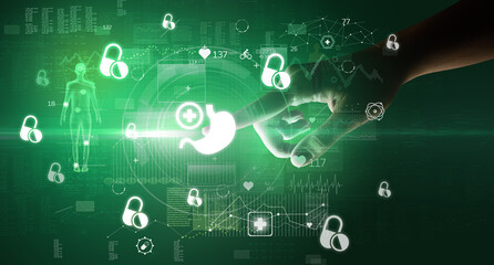 Doctor hand pressing futuristic health device with medical symbol on screen