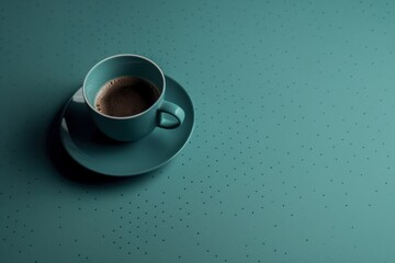 A classic blue ceramic cup of coffee on a clean teal table. Generative AI.