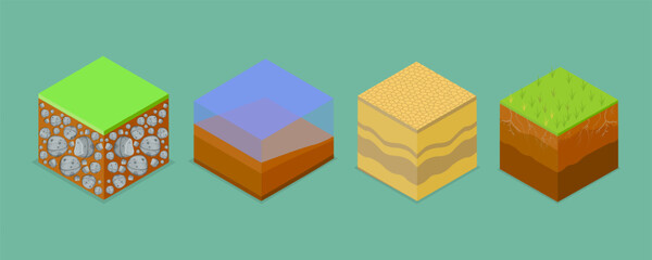 Obraz premium 3D Isometric Flat Vector Set of Different Soil Layers, Textured Ground Surfaces