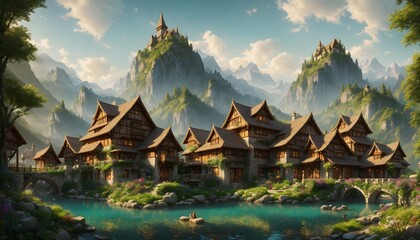 Ancient mountain settlement. Lost city in the green mountains. Beautiful art of ancient civilization