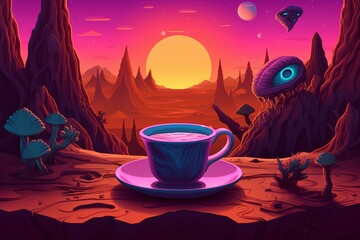 A strange alien design cup of coffee in an extraterrestrial surreal landscape.