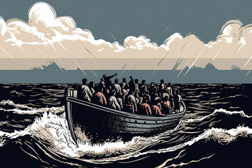Illustrative drama of migrants' journey across the Mediterranean, a poignant scene - obrazy, fototapety, plakaty