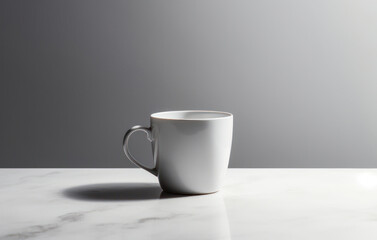 A classic white ceramic cup of coffee on a clean marble table against grey background. Generative AI.