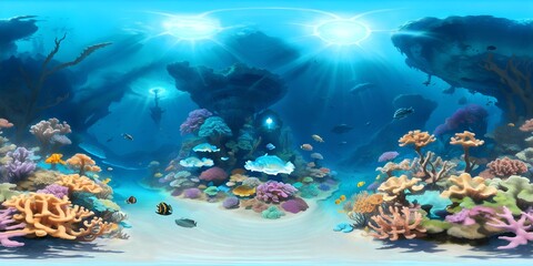Fototapeta na wymiar Underwater World: an immersive underwater world, with coral reefs, schools of fish, and sunken ruins. You could also add in mythical creatures 
