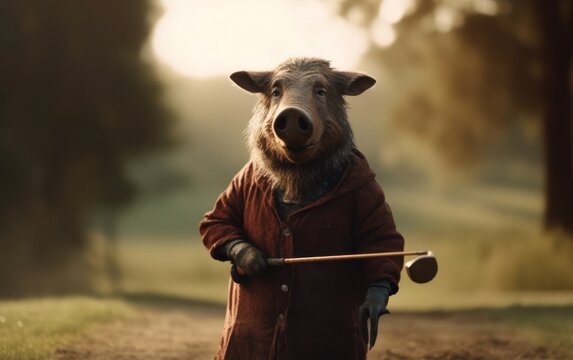 Boar Golf Player On Golf Green Putting At Sunrise Generative AI