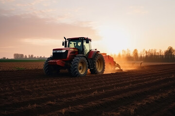 Obraz premium Tractor making beds for sowing seeds into purified soil. Agricultural vehicle works at sunset in countryside Generative AI 