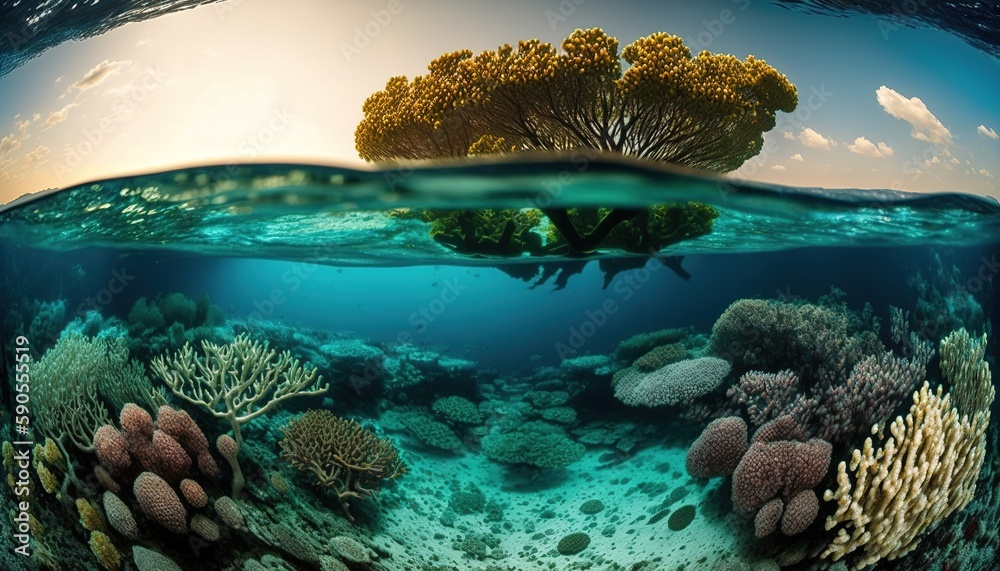 Wall mural Expansive underwater scene with green and brown coral reefs Generative AI