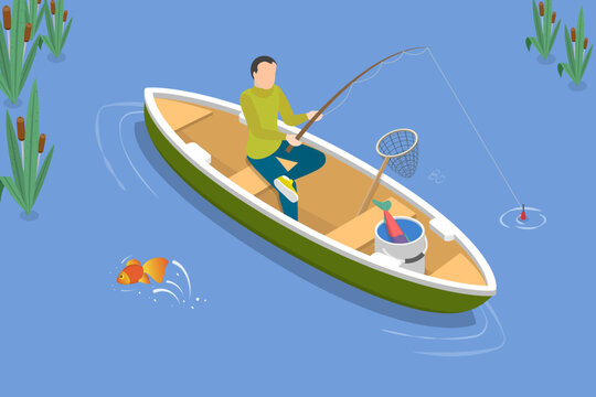 3D Isometric Flat Vector Conceptual Illustration of Fishing From Boat, Summer Vacation Time