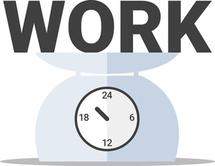 work overtime, work on day clock scales, "work" words above one day time scales, business balance concept, transparent png, illustration