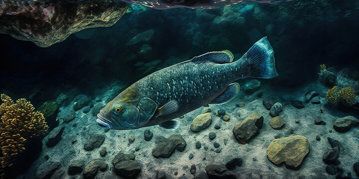A truit fish swims freely amid the rocks below. Generative AI