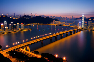 Fototapeta na wymiar Skyscraper and bridge in Victoria Harbor of Hong Kong city at night