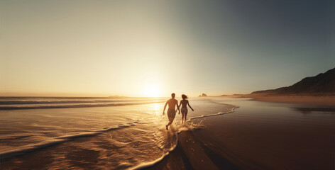 Fototapeta na wymiar Enjoying summer. Young couple running on the beach, back view. Vacations lifestyle and travel concept, web banner. Created using generative AI tools