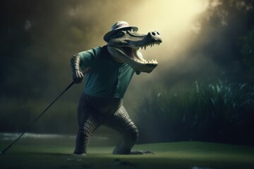 Crocodile Pro Golfer On Fairway Playing Golf At Sunrise Generative AI