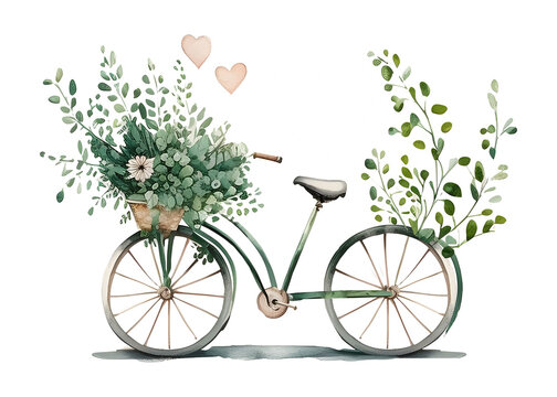 Watercolor green bycicle with flowers. Wedding floral bycicle. Green vintage style bycicle in countryside landscape. Farm and countryside element. We have moved card