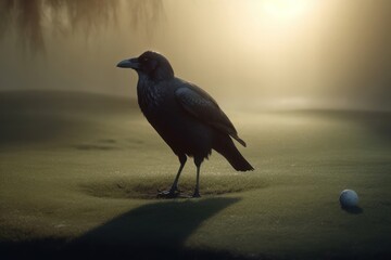 Obraz premium Crow Pro Golfer On Golf Course Putting At Sunrise Generative AI