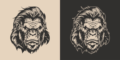 Set of vintage retro angry monkeys. Can be used for logo, emblem, poster, dadge design. Monochrome Graphic Art. Engraving style vector © Graphic Warrior