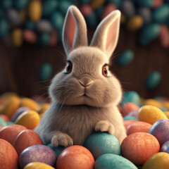 Fototapeta na wymiar little cute rabbit with his easter eggs