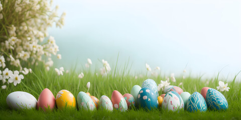 A collection of painted easter eggs celebrating a Happy Easter on a spring day with green grass meadow background with copy space, Generative AI