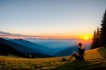 Fototapeta na wymiar Berg-Panorama in den Alpen bei Sonnenuntergang im Sommer mit Silhouette einer sitzenden Frau
