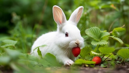 Sweet Temptations: A Rabbit's Indulgence in Juicy Strawberries