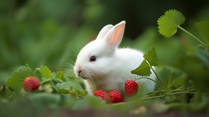 Sweet Temptations: A Rabbit's Indulgence in Juicy Strawberries