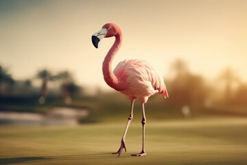 Naklejka na ściany i meble Flamingo On Golf Green At Dawn Generative AI
