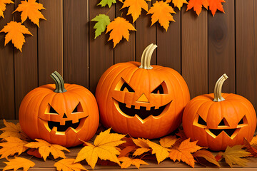 Naklejka na ściany i meble Pumpkins sitting together on leaves with a turkey