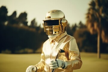 Golden Robot With Sunglasses On Fairway At Sunrise Generative AI