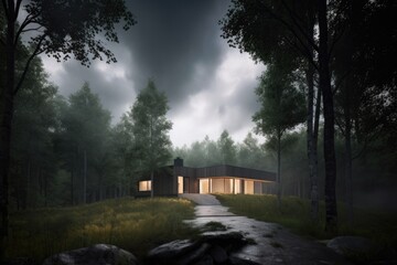 House in the forest. AI generated art illustration.

