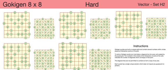 5 Hard Gokigen 8 x 8 Puzzles. A set of scalable puzzles for kids and adults, which are ready for web use or to be compiled into a standard or large print activity book.