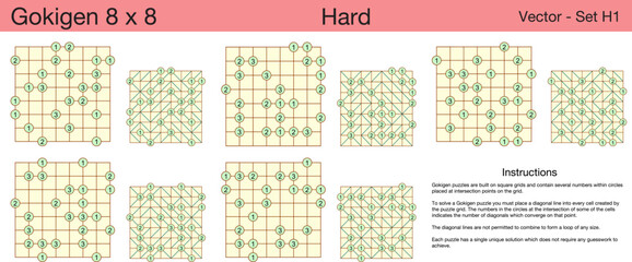 5 Hard Gokigen 8 x 8 Puzzles. A set of scalable puzzles for kids and adults, which are ready for web use or to be compiled into a standard or large print activity book.