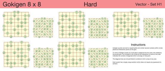 5 Hard Gokigen 8 x 8 Puzzles. A set of scalable puzzles for kids and adults, which are ready for web use or to be compiled into a standard or large print activity book.