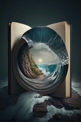 Open book on the beach. AI generated art illustration.