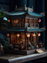 Chinese temple. AI generated art illustration.