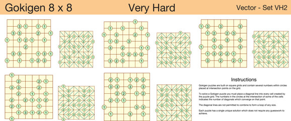 5 Very Hard Gokigen 8 x 8 Puzzles. A set of scalable puzzles for kids and adults, which are ready for web use or to be compiled into a standard or large print activity book.