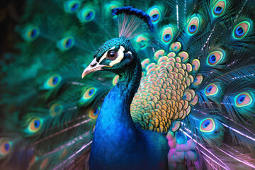 Obraz premium Close up of a peacock with feathers out. Generative AI