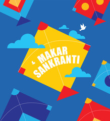 Happy Makar sankranti. Colorful kites flying in the clouds