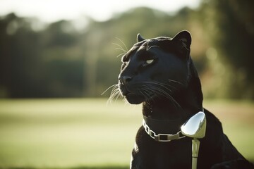 Panther Golf Player On Golf Green Playing Golf At Dawn Generative AI