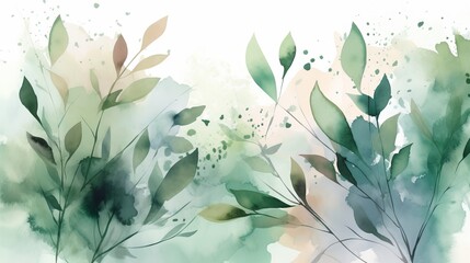 Natural Watercolor Background with Branches and Leaves. AI Generation