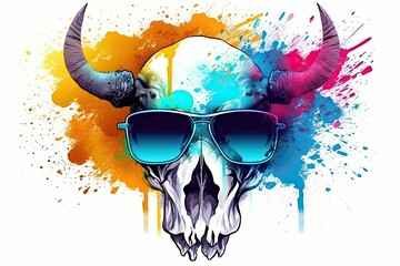 buffalo skull in sunglasses realistic with paint splatter abstract 