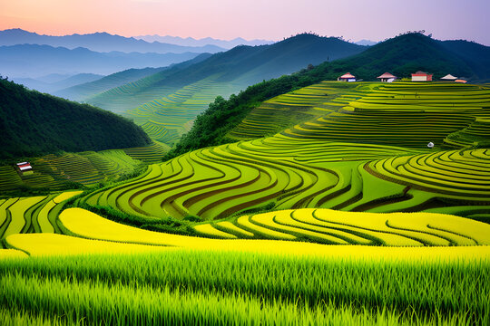 Sunset on the rice filed terrace in the countryside of Dazhai ,Shanxi province ,China