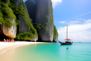 White sand beach and boat on sea coast of Thailand. Vertical background